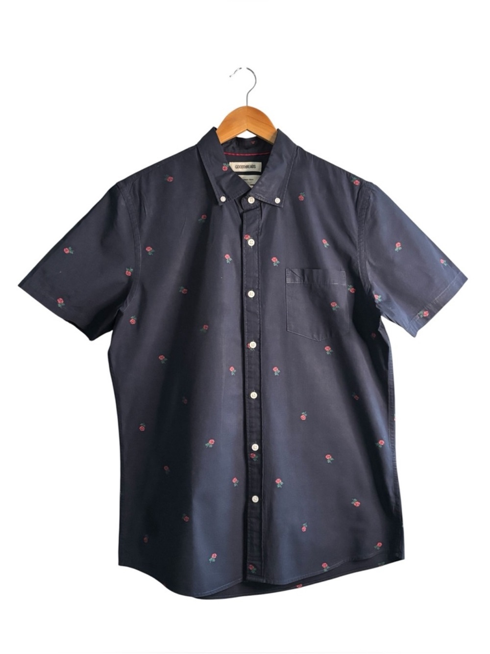 Goodthreads Men’s Short Sleeve Navy Disty Rose Print Button Down L